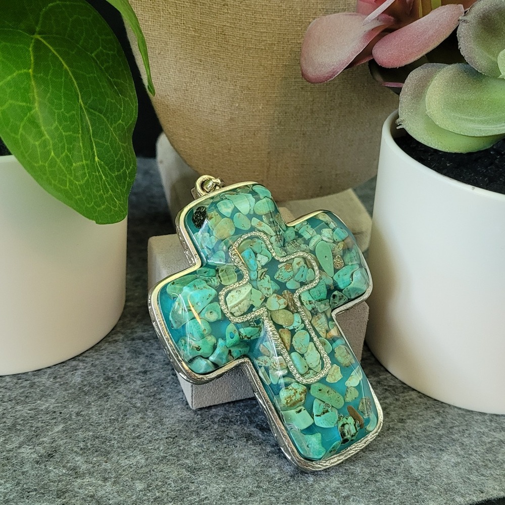 Southwestern Turquoise Color Chip Mosaic Cross Statement Pendant 3" Christian
